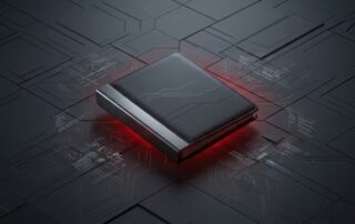 The image is a stylized, close-up photograph of a black, slightly open book or binder. The background is a dark grey circuit board with glowing red lines traced through it, suggesting a high-tech or digital environment. The book is the central focus.