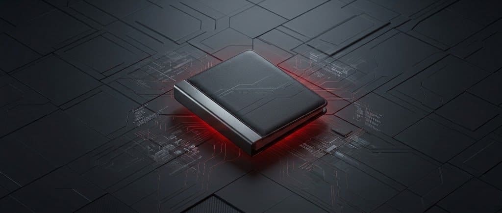 The image is a stylized, close-up photograph of a black, slightly open book or binder. The background is a dark grey circuit board with glowing red lines traced through it, suggesting a high-tech or digital environment. The book is the central focus.