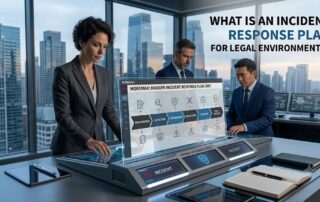 A wide blog banner showing a team of professionals working at a high-tech tactical table with an Incident Response Plan (IRP) workflow on a glass screen. Text overlay reads: "What Is an Incident Response Plan for Legal Environments?"