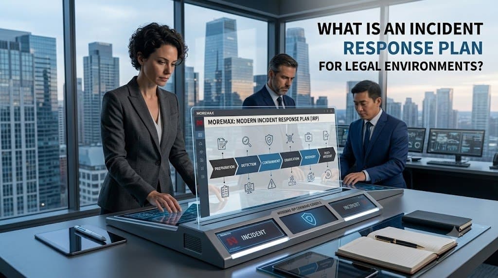 A wide blog banner showing a team of professionals working at a high-tech tactical table with an Incident Response Plan (IRP) workflow on a glass screen. Text overlay reads: "What Is an Incident Response Plan for Legal Environments?"