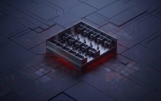 A dark computer chip on a motherboard with red tracing lines, illustrating the concept of threat hunting for law firms.
