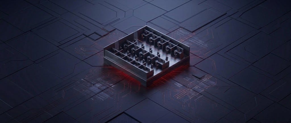 A dark computer chip on a motherboard with red tracing lines, illustrating the concept of threat hunting for law firms.
