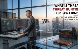 A wide blog banner featuring a professional man in a suit standing at a multi-monitor computer terminal with a city backdrop. Text overlay reads: "What is Threat Hunting for Law Firms? A Proactive Approach to Data Protection"