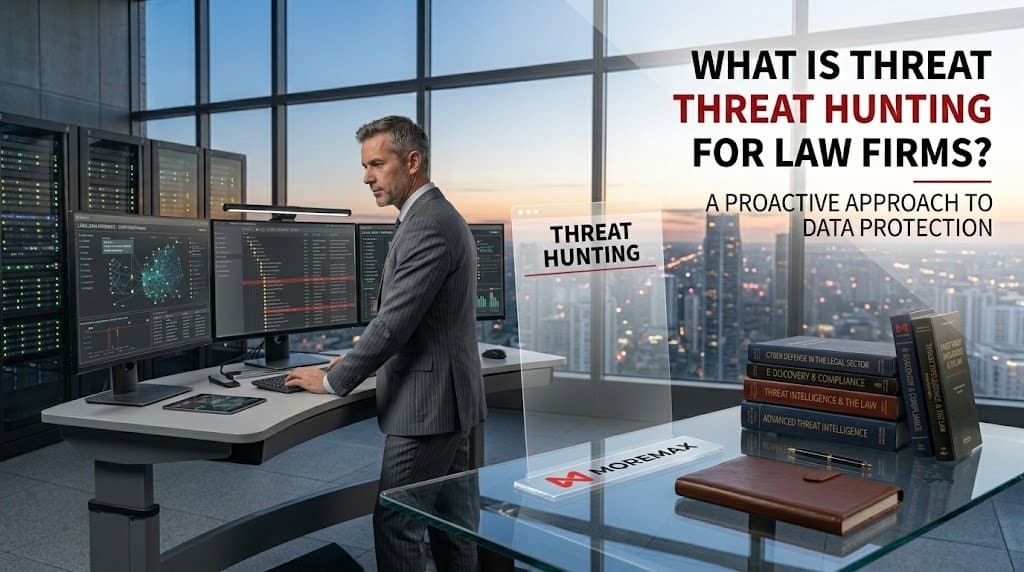 A wide blog banner featuring a professional man in a suit standing at a multi-monitor computer terminal with a city backdrop. Text overlay reads: "What is Threat Hunting for Law Firms? A Proactive Approach to Data Protection"
