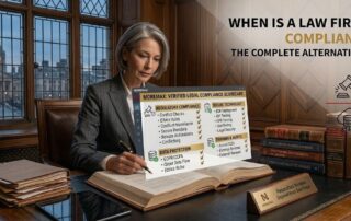 A mature female lawyer in a suit and grey hair sits at a large desk in a classic wood-paneled study. A holographic 'MOREMAX: VERIFIED LEGAL COMPLIANCE SCORECARD' is projected, showing a checklist of regulatory and technology compliance points with gold and black text. Icons for data and a gavel are present. The background shows a large window with a city view. The main article text, "WHEN IS A LAW FIRM COMPLIANT: THE COMPLETE ALTERNATIVE", is present. Stacks of law books are on the desk.