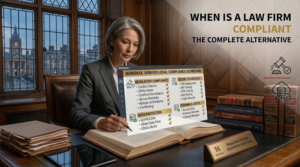 A mature female lawyer in a suit and grey hair sits at a large desk in a classic wood-paneled study. A holographic 'MOREMAX: VERIFIED LEGAL COMPLIANCE SCORECARD' is projected, showing a checklist of regulatory and technology compliance points with gold and black text. Icons for data and a gavel are present. The background shows a large window with a city view. The main article text, "WHEN IS A LAW FIRM COMPLIANT: THE COMPLETE ALTERNATIVE", is present. Stacks of law books are on the desk.