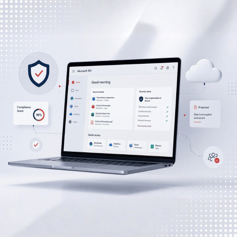 Minimalist floating laptop displaying a clean, organized cloud interface with security shields and checkmark icons
