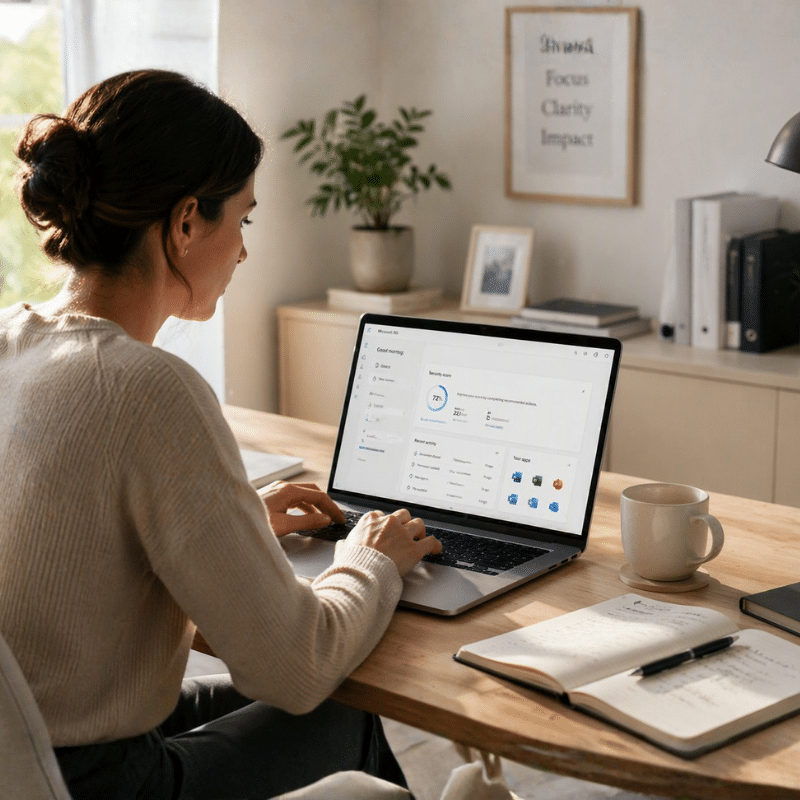 Bright, modern home office with a person working at a clean wooden desk, using a laptop with a simple business dashboard, alongside a notebook, coffee, and a small plant in a calm, organized setting.