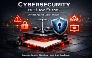 Graphic for legal-specific IT services and cybersecurity for law firms, featuring scales of justice and a digital padlock shield protecting legal documents.
