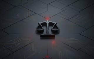 Digital scales of justice icon on a modern background, representing how to be compliant with HIPAA for law firms and medical data protection.
