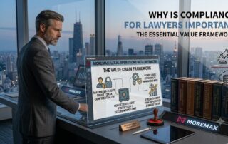 A professional male lawyer with grey hair, seen in image_56.png, stands in a modern high-rise office at dusk, using a futuristic transparent screen to display 'MOREMAX'S DATA OPTIMIZER' and 'THE VALUE CHAIN FRAMEWORK' with interconnected data points like 'WHY 'Maximizing Client Trust'. THE ESSENTIAL VALUE FRAMEWORK".