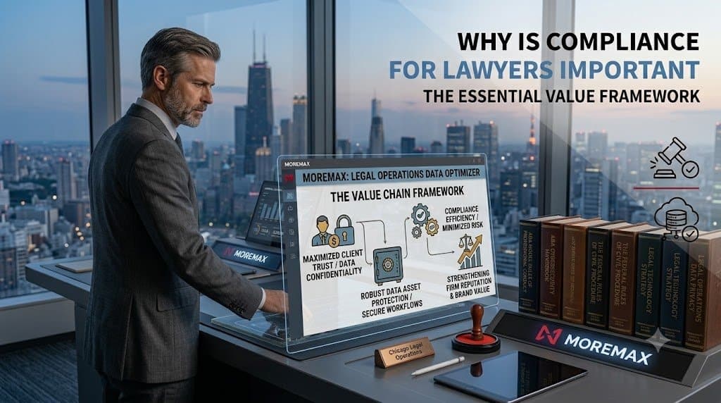 A professional male lawyer with grey hair, seen in image_56.png, stands in a modern high-rise office at dusk, using a futuristic transparent screen to display 'MOREMAX'S DATA OPTIMIZER' and 'THE VALUE CHAIN FRAMEWORK' with interconnected data points like 'WHY 'Maximizing Client Trust'. THE ESSENTIAL VALUE FRAMEWORK".