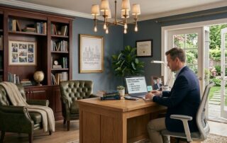 A professional male lawyer in a modern, traditional study working on a laptop displaying a 'Professional Legal Practice' compliance checklist, with a Philadephia skyline print and bookshelf background.