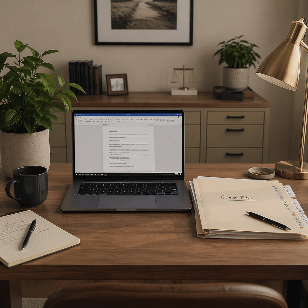 Home office with computer on the desk with filing system in the back and folders on the desk.